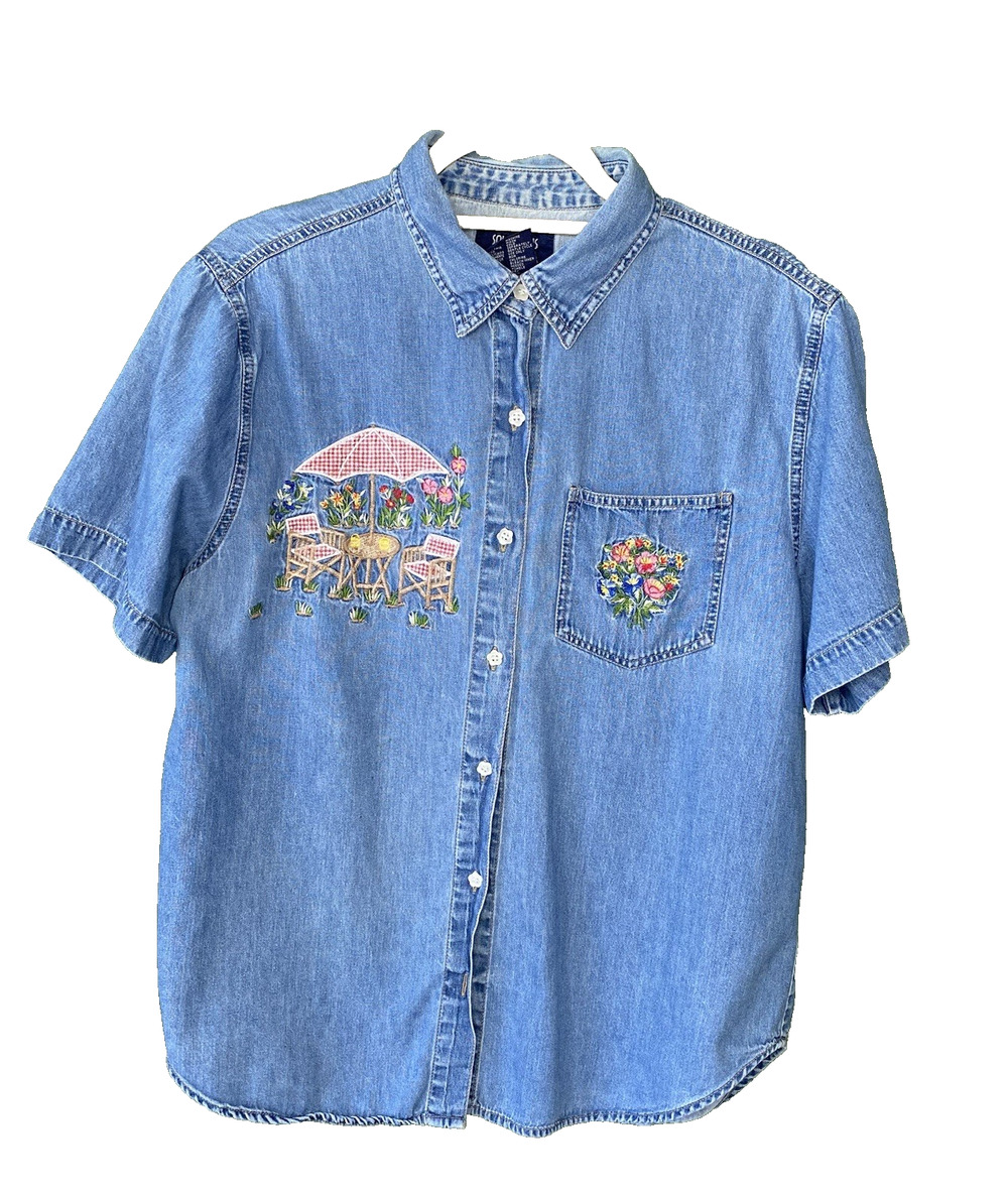 Womens Chambray Denim Shirt Large Vintage 90's Country Short Sleeve Cottage Core